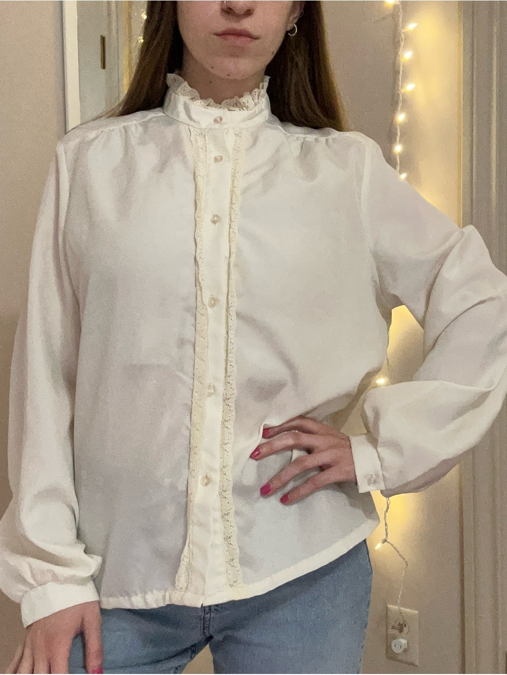 Vintage Cream Button Down with Lace Trim